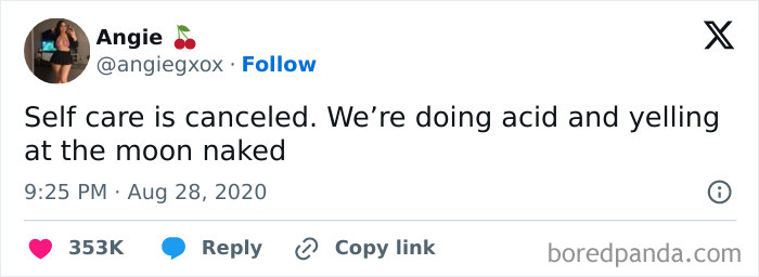 Hilarious meme about unconventional self-care, with text on embracing chaos and spontaneity.