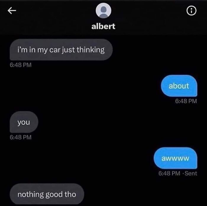 Text conversation meme with humorous twist about thinking in a car.