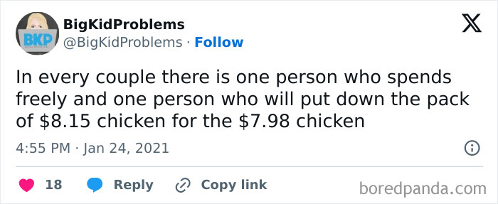 Relatable meme about spending habits in couples, highlighting the difference in shopping styles.