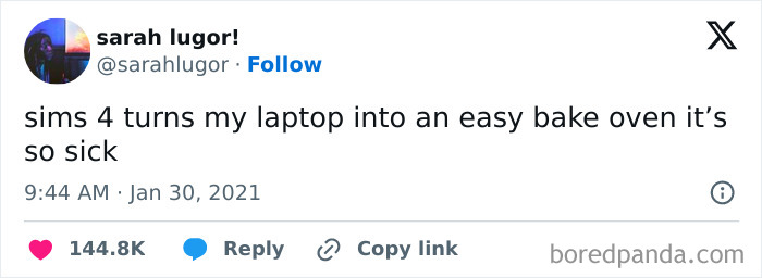 Tweet about Sims 4 overheating laptop, humorously comparing it to an Easy-Bake Oven.