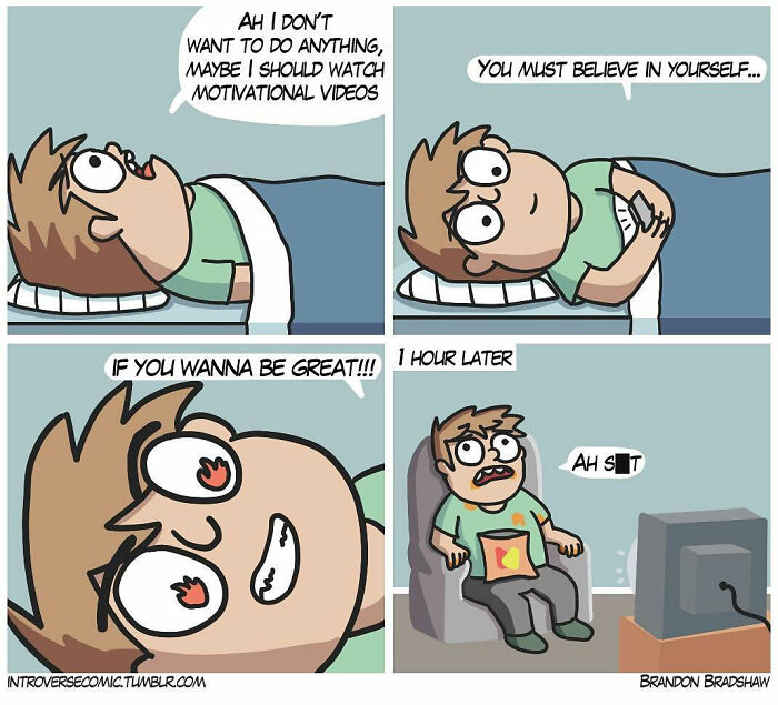 Comic strip featuring a character experiencing a motivational video with a dark twist ending.
