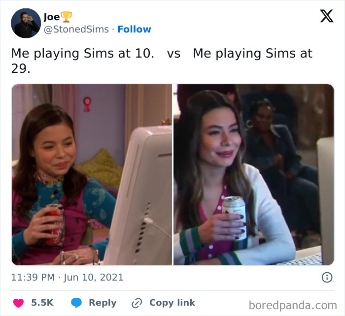 Two images of a person playing Sims, one at age 10 and another at 29, both holding a soda.