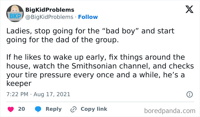 Twitter post humorously advising women to choose practical men over "bad boys"; relatable meme content.