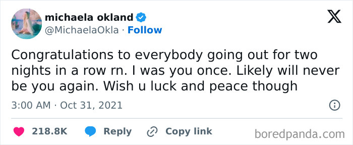 Tweet meme about going out two nights in a row, highlighting relatable humor.