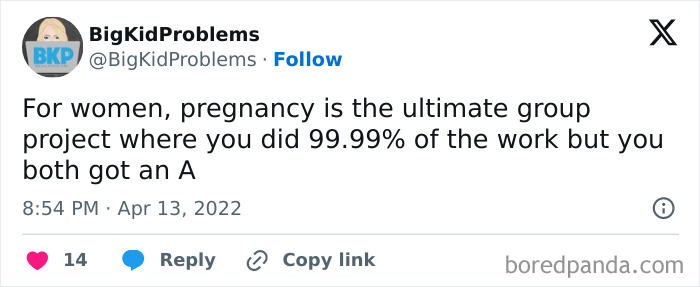 Relatable meme about pregnancy as a group project where one person does 99.99% of the work but everyone gets an A.
