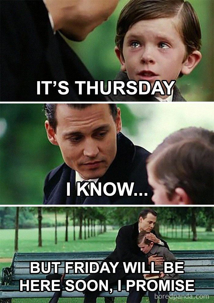 Child and adult sharing a Thursday meme about anticipating the weekend, sitting on a park bench.