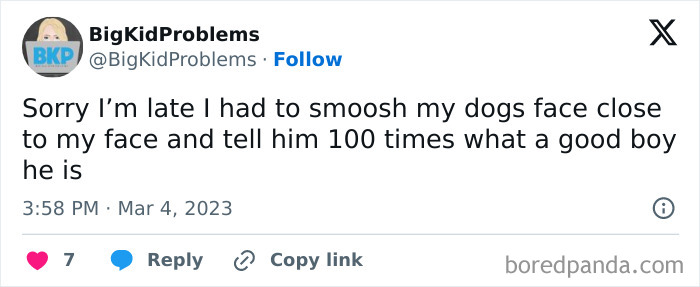 Relatable meme text about being late due to telling a dog he's a good boy multiple times.