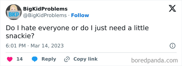 Text meme on relatable humor about irritability and hunger from BigKidProblems on social media.