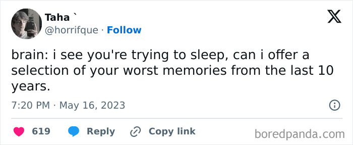 A relatable meme about insomnia; the brain offers worst memories when trying to sleep.