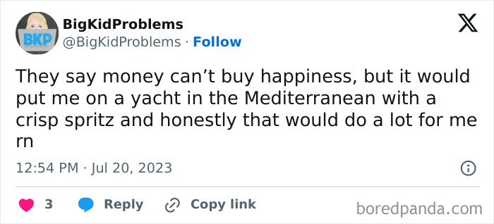 Relatable meme about money, happiness, and enjoying a yacht in the Mediterranean with a spritz.