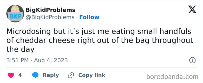 Relatable meme about microdosing and eating handfuls of cheddar cheese from the bag throughout the day.