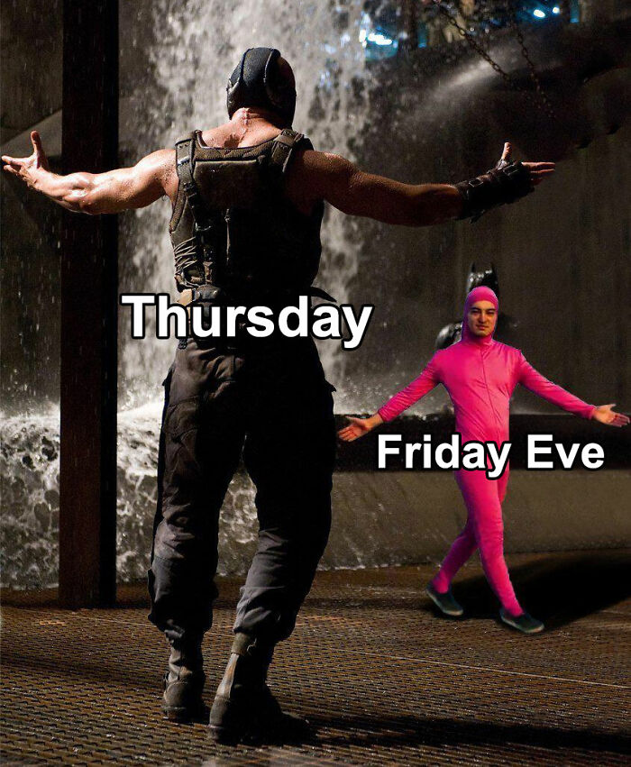 Funny Thursday meme with a muscular figure labeled "Thursday" and character in a pink outfit labeled "Friday Eve."