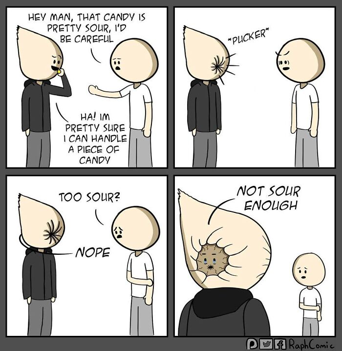 Comic strip featuring two characters with exaggerated heads, showcasing dark humor in a creative comic style.