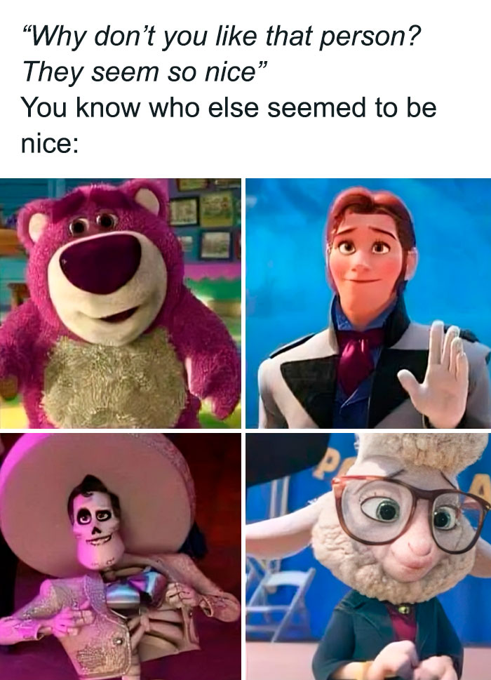 Characters in a meme parodying being nice, showcasing humor through animated scenes from popular movies.