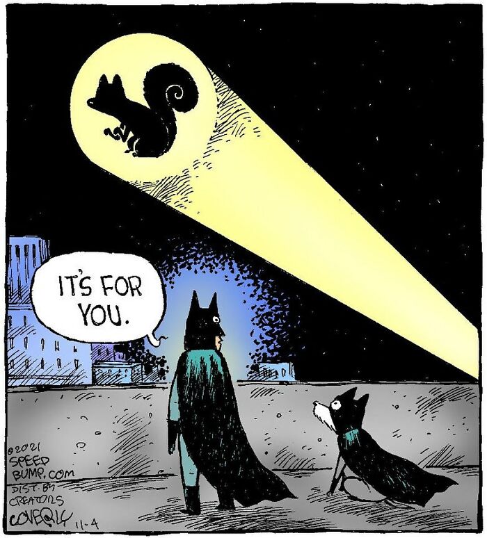 Comic featuring everyday humor showing a superhero and dog looking at a squirrel spotlight in Dave Coverly’s Speed Bump style.