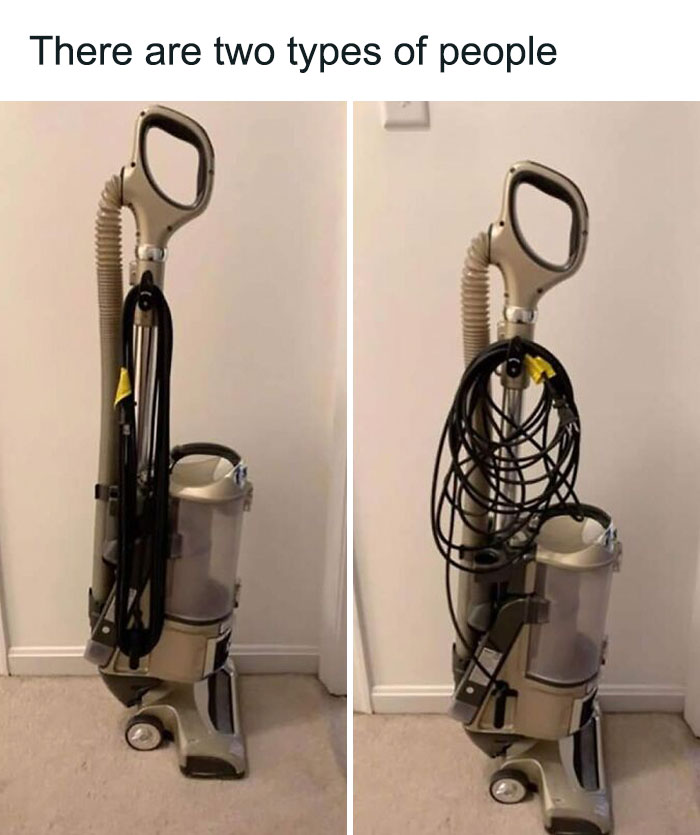 Vacuum cleaners shown with cords neatly wrapped and messily tangled, highlighting funny meme stereotypes of people.