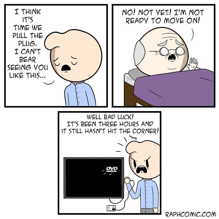 Comic strip showing dark humor with a character discussing unplugging a DVD, highlighting artist's dark humor in comics.