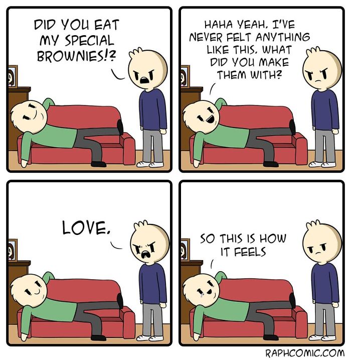 Comic strip shows two characters with dark humor as one lies on a couch and the other angrily asks about special brownies.