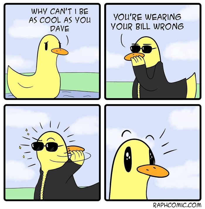 Comic panels featuring ducks using dark humor with a witty twist, showcasing this artist's unique comic style.