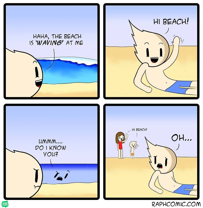 Four-panel comic with dark humor showing a character interacting with the beach, illustrating artist’s dark humor in comics.