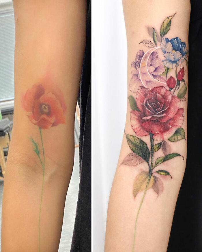 Watercolor-style flower tattoos on forearms, showcasing the artist's designs.