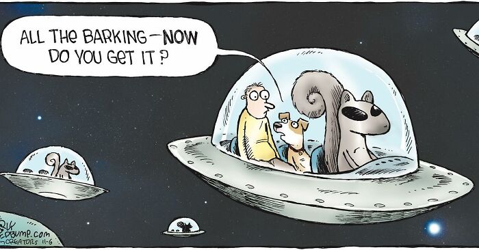 Cartoon from Dave Coverly’s Speed Bump showing a squirrel piloting a spaceship with a man and dog inside, featuring everyday humor.