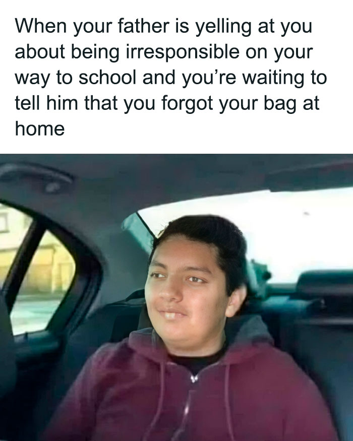 Young person in a car, smiling awkwardly with text about forgetting a bag, depicting a hilarious meme.
