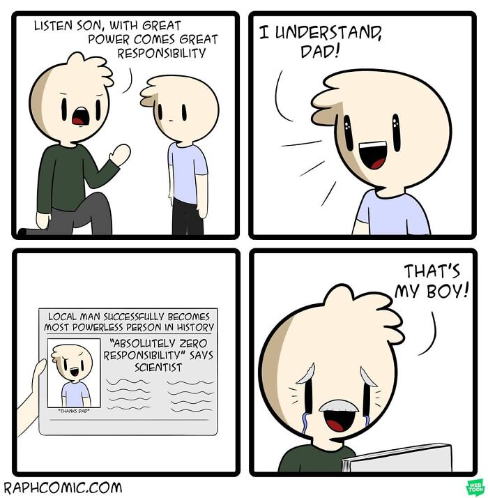 Comic strip showing dark humor with a father and son discussing power and responsibility in a unique way.