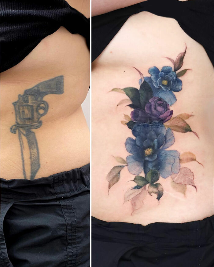 Tattoo transformed into watercolor style with vibrant blue flowers on skin.
