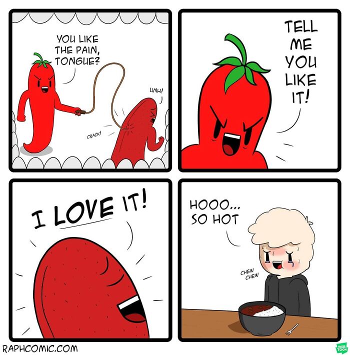 Comic strip featuring dark humor with a spicy chili character and a person enjoying hot food, highlighting artist's dark humor.