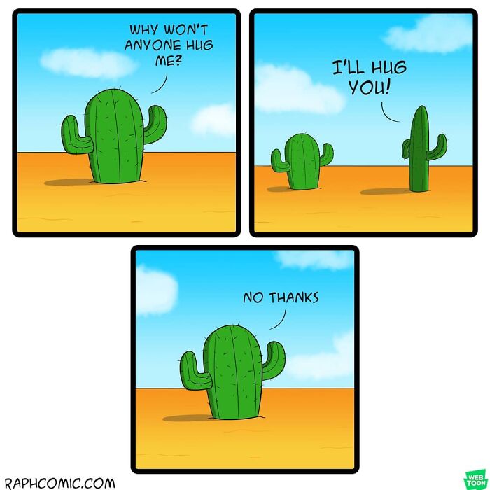 Comic strip featuring two cacti in a desert exchanging humorous dialogue showcasing dark humor in comics.