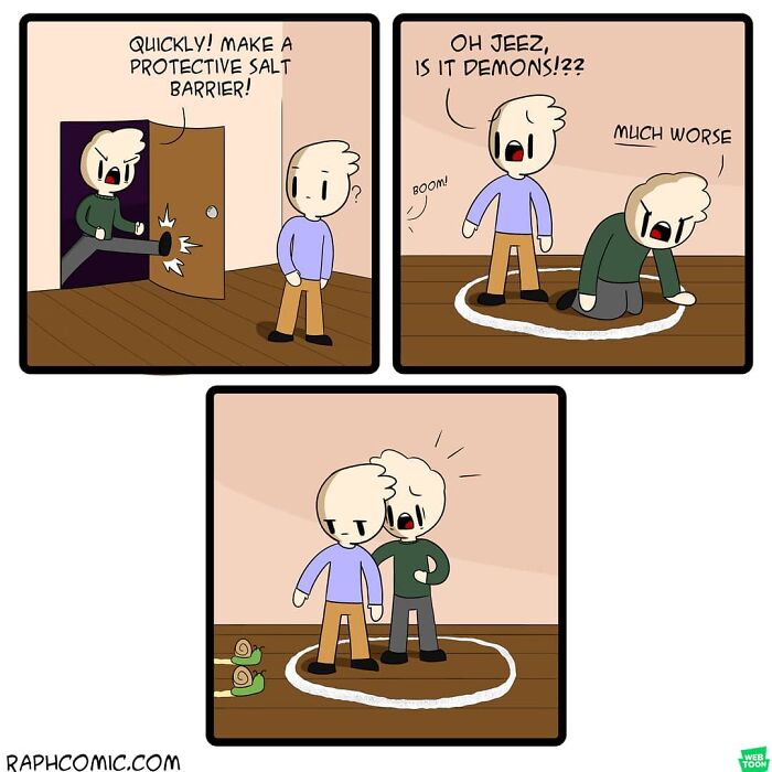 Two characters use a salt barrier in a comic panel illustrating this artist's dark humor with clever visuals.