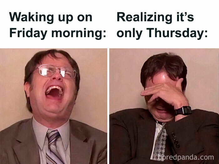 Man in suit laughing, then facepalming with text about realizing it's Thursday. Thursday memes about weekend anticipation.