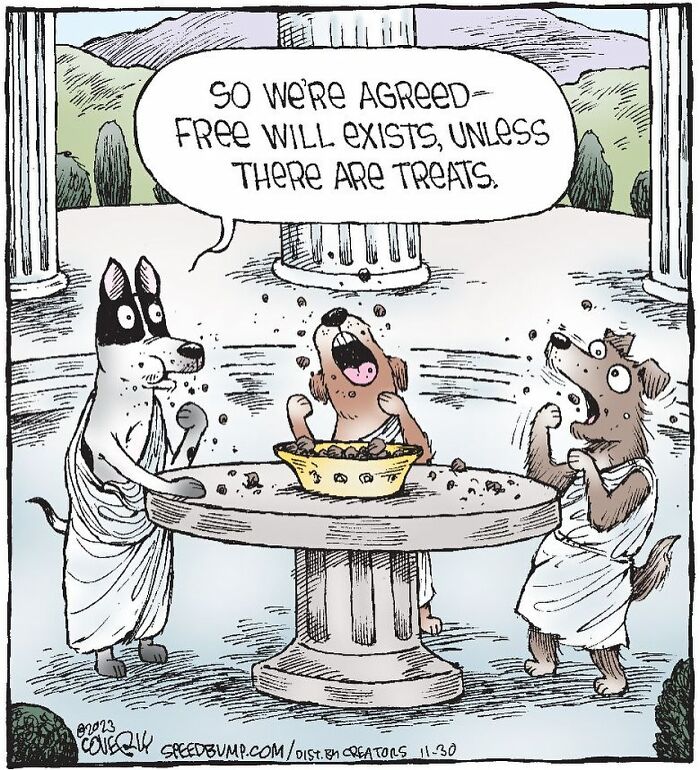 Comic from Dave Coverly’s Speed Bump showing dogs in ancient robes humorously debating free will and treats.