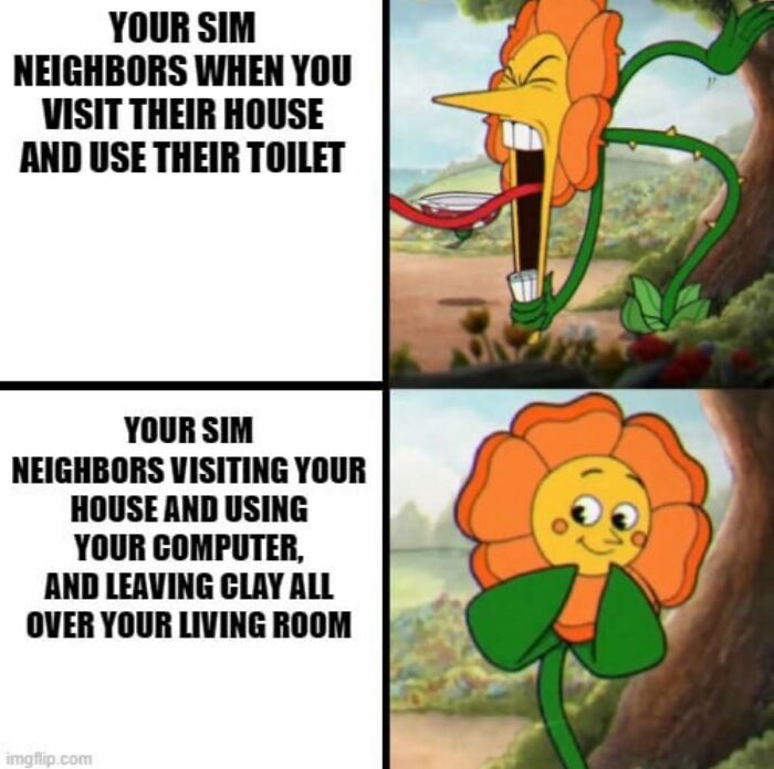 Cartoon flower reacting angrily and then calmly, illustrating hilariously relatable Sim neighbor interactions.