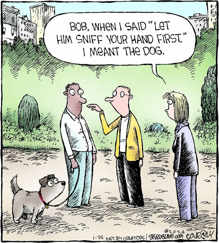 Comic from Dave Coverly’s Speed Bump showing everyday humor with people and a dog in a park scene.