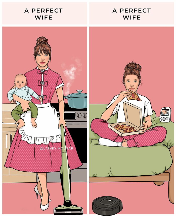 Comic illustrating social stereotypes for women showing contrasting images of a "perfect wife" with and without traditional roles.