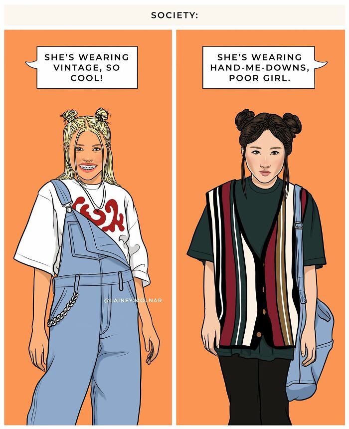 Illustration depicting social stereotypes for women, contrasting perceptions of vintage clothing versus hand-me-downs.