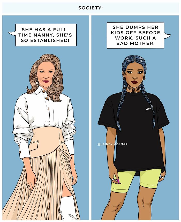 Illustration showing social stereotypes for women with contrasting judgments about motherhood and success.