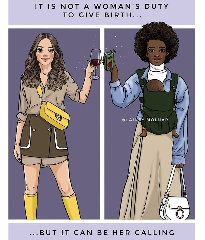 Illustration by artist making comics about social stereotypes for women showing different lifestyle choices and independence.