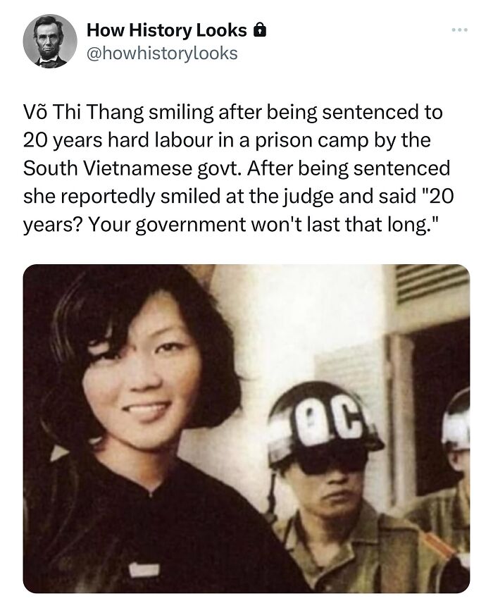Võ Thị Thang smiling after sentencing with guards nearby, featured on a popular history facts social media page.