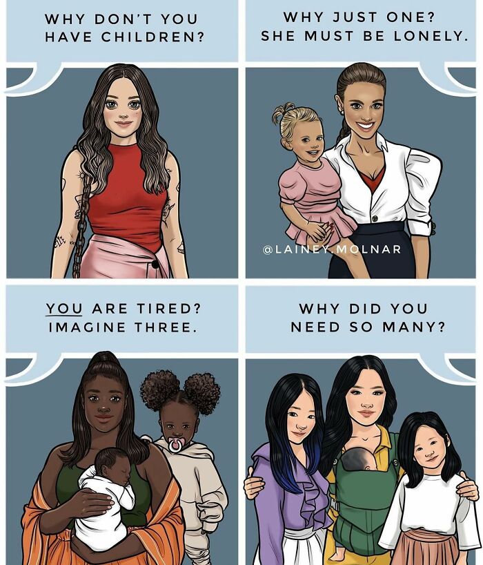 Comic panels by artist highlighting social stereotypes about women and motherhood with diverse female characters and children.