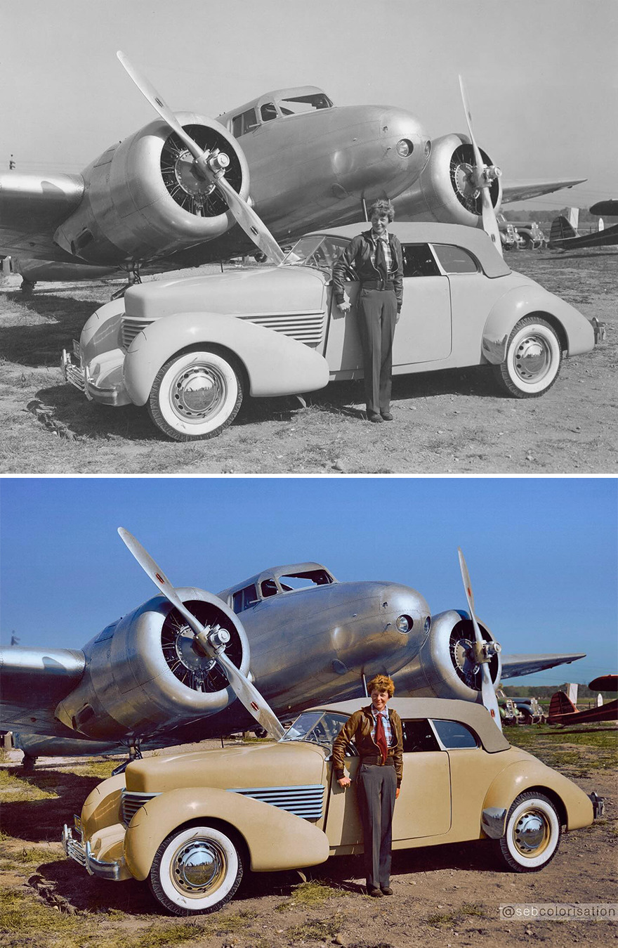 Amelia Earhart With Her Cord 812 Phaeton Car And Her Lockheed Airplane, 1937