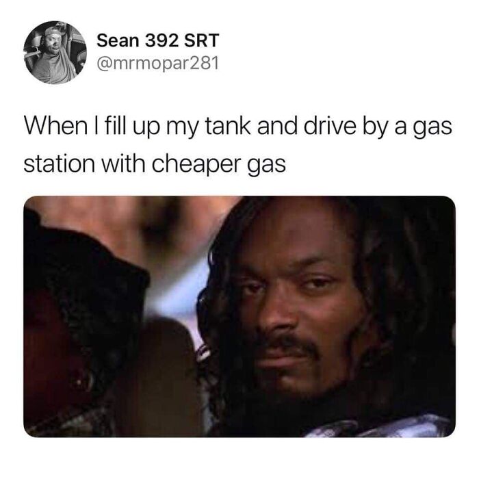 Man looking unimpressed in a meme about finding cheaper gas after refueling. Hilarious memes add humor to daily situations.