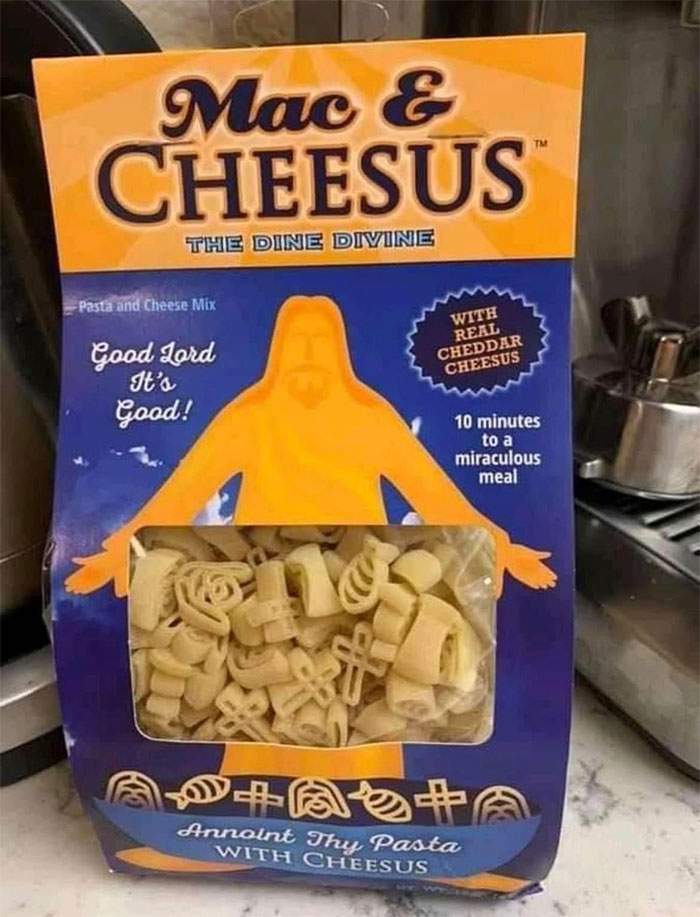 Box of Mac & Cheesus pasta mix with unusual shapes, highlighting cursed pics and memes shared on Instagram.