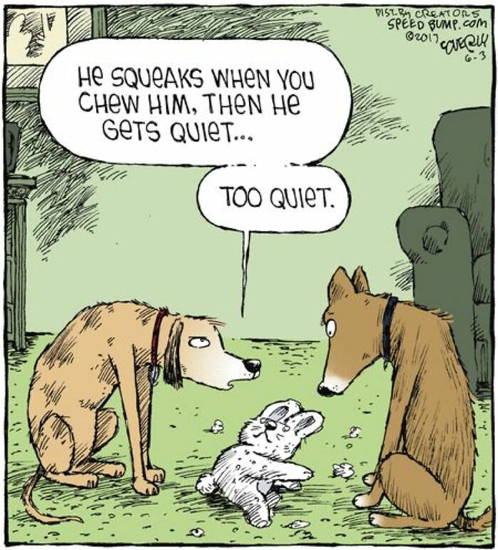 Two dogs and a chewed-up stuffed bunny in a comic panel from Dave Coverly’s Speed Bump featuring everyday humor and animals.