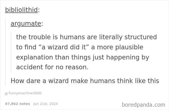 Funny reply in online comment thread explaining humans mind pattern with a wizard, showcasing humorous replies SEO keyword.