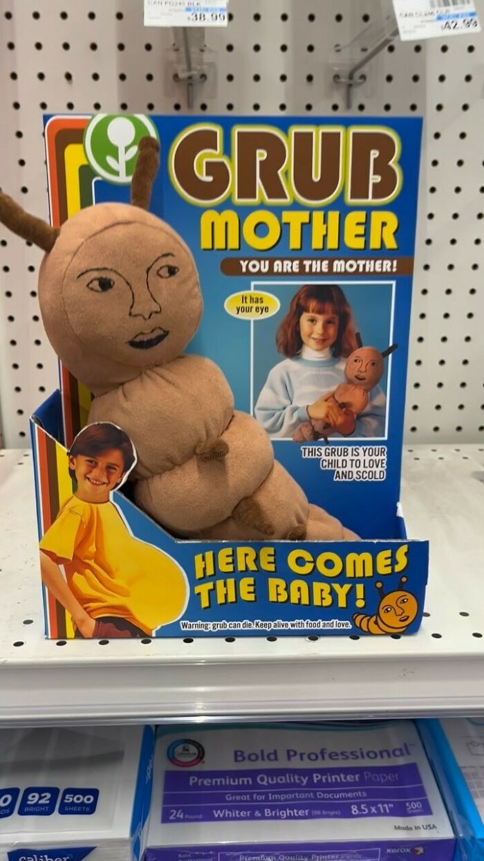Fake funny product "Grub Mother" placed among real items in a store.