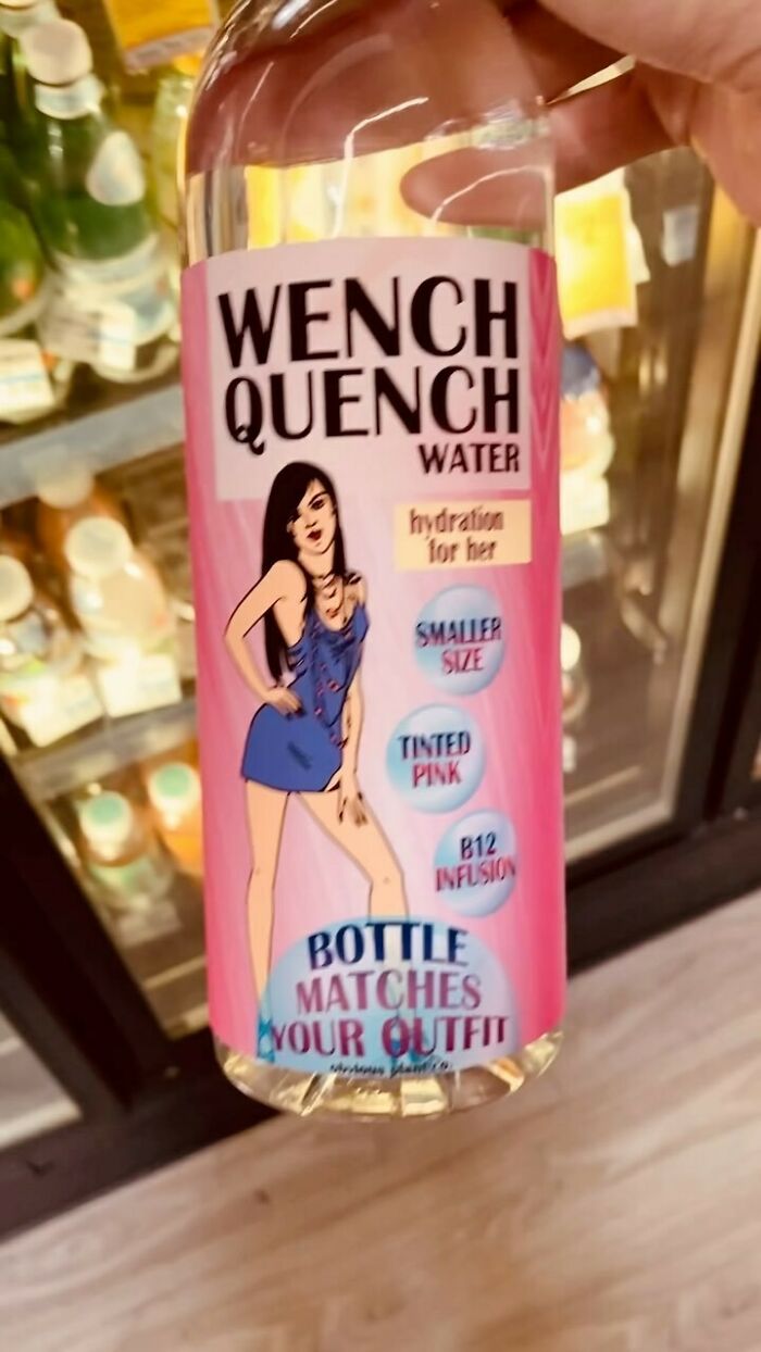 Funny fake product "Wench Quench Water" placed among real store items, featuring humorous packaging design.