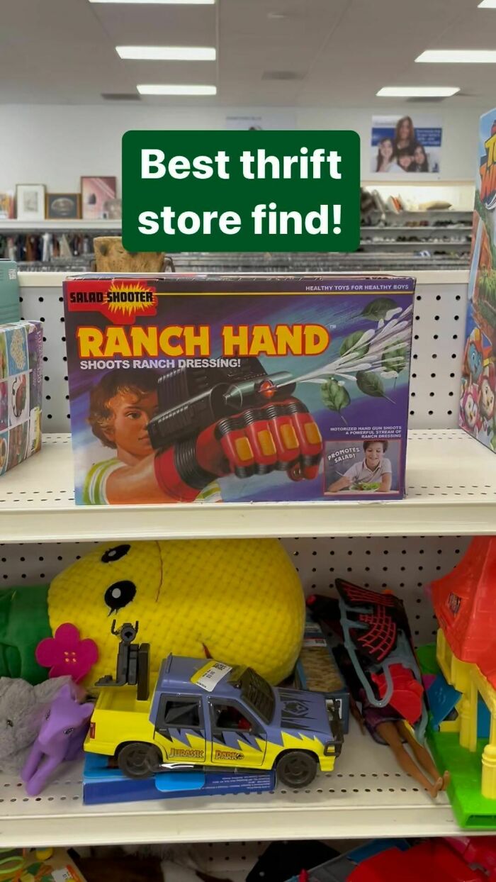 Funny fake product "Ranch Hand" found in thrift store, humorously labeled as a ranch dressing shooter.